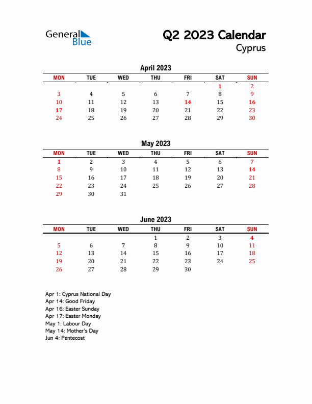 2023 Q2 Calendar with Holidays List for Cyprus