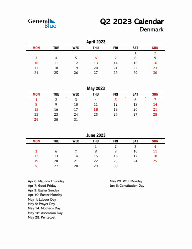 2023 Q2 Calendar with Holidays List for Denmark