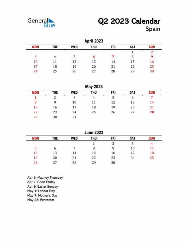 2023 Q2 Calendar with Holidays List for Spain