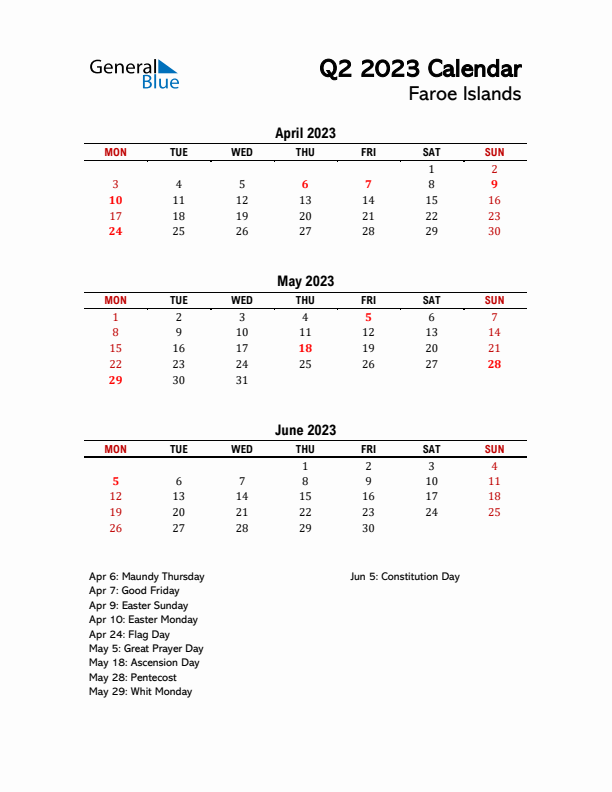 2023 Q2 Calendar with Holidays List for Faroe Islands