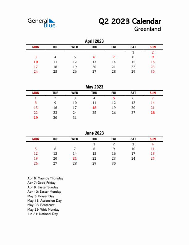 2023 Q2 Calendar with Holidays List for Greenland