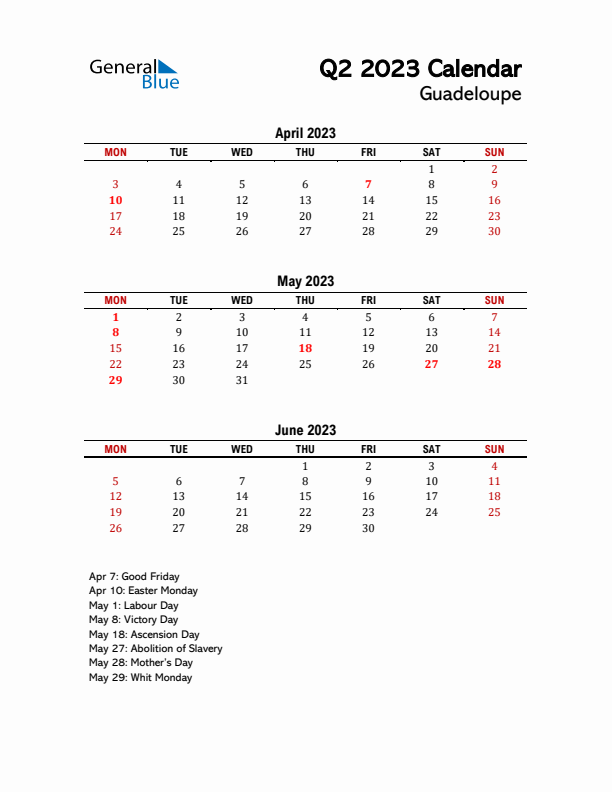 2023 Q2 Calendar with Holidays List for Guadeloupe