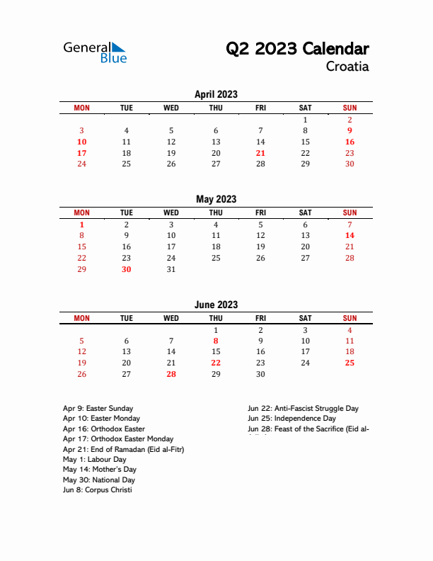 2023 Q2 Calendar with Holidays List for Croatia