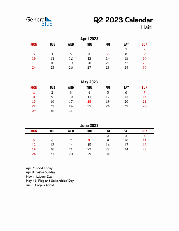 2023 Q2 Calendar with Holidays List for Haiti