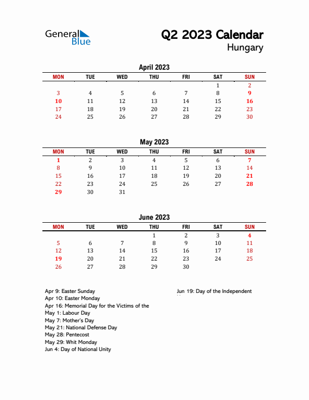 2023 Q2 Calendar with Holidays List for Hungary