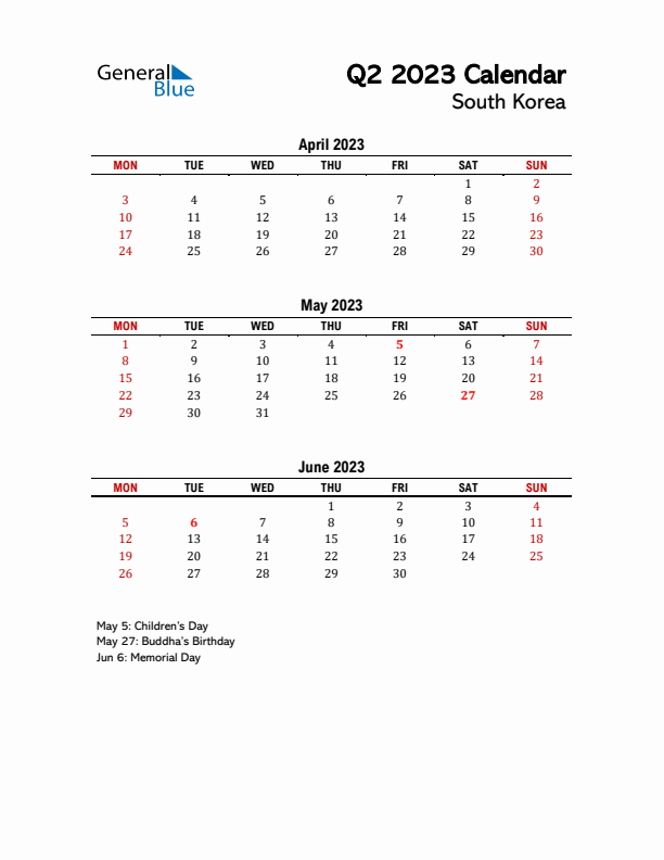 2023 Q2 Calendar with Holidays List for South Korea