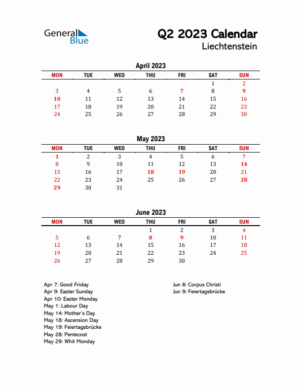 2023 Q2 Calendar with Holidays List for Liechtenstein