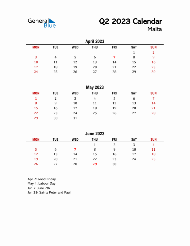 2023 Q2 Calendar with Holidays List for Malta