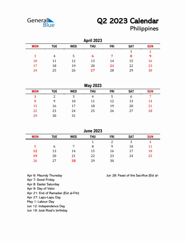 2023 Q2 Calendar with Holidays List for Philippines