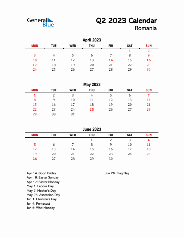 2023 Q2 Calendar with Holidays List for Romania