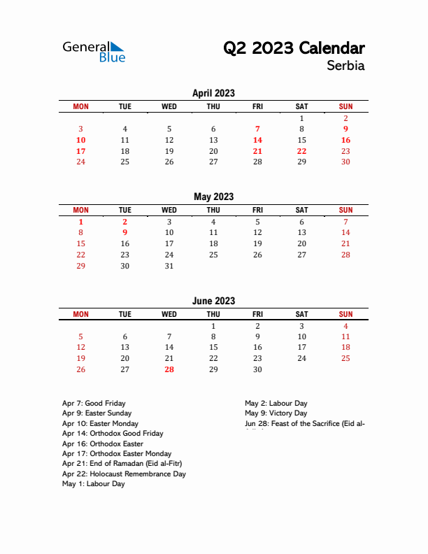 2023 Q2 Calendar with Holidays List for Serbia