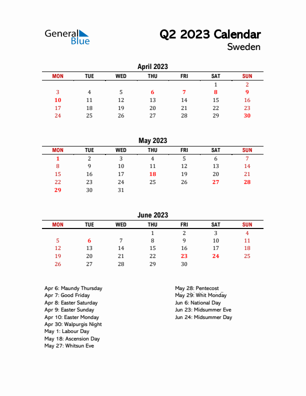 2023 Q2 Calendar with Holidays List for Sweden