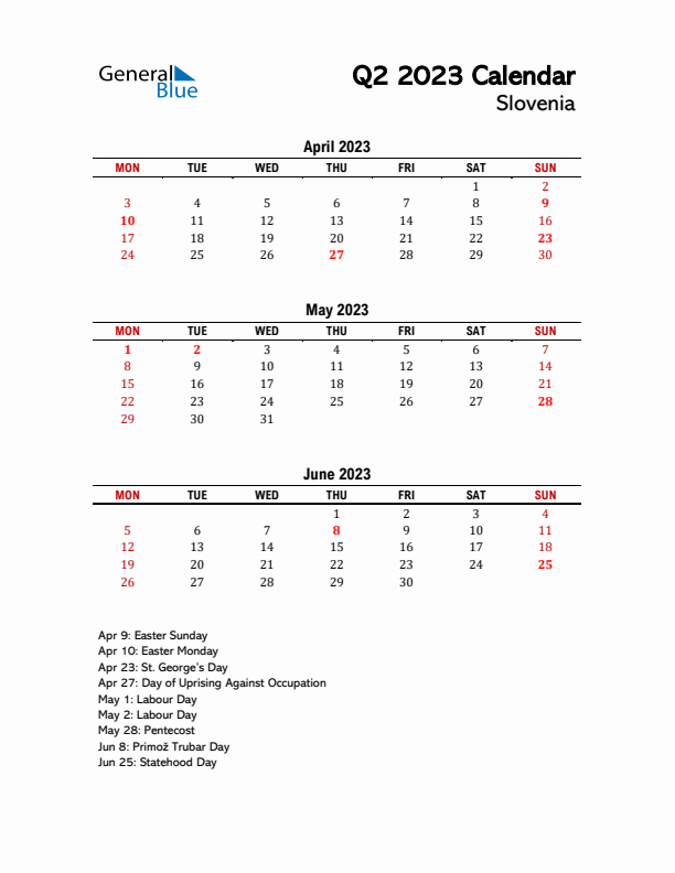 2023 Q2 Calendar with Holidays List for Slovenia