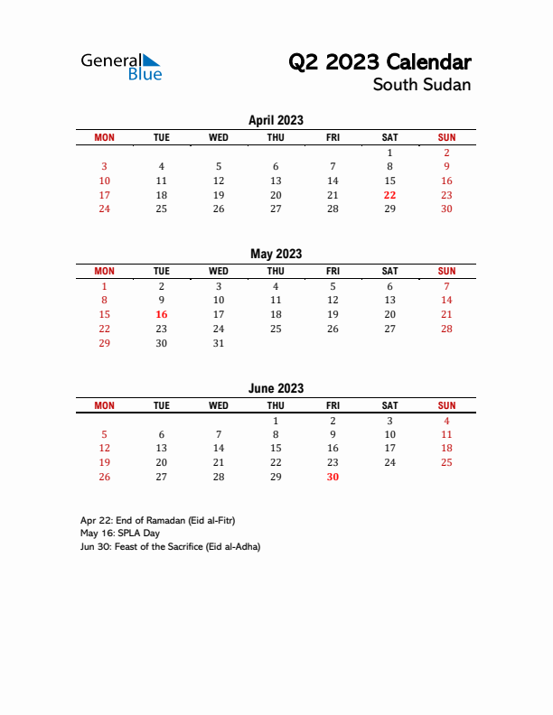 2023 Q2 Calendar with Holidays List for South Sudan