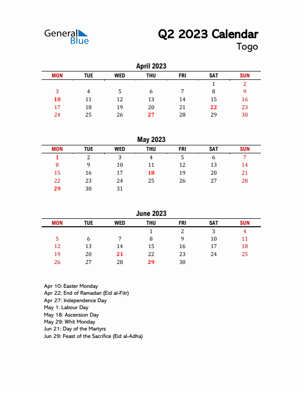 2023 Q2 Calendar with Holidays List for Togo