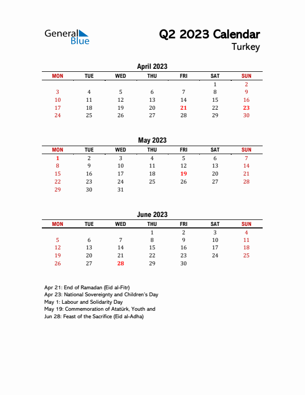 2023 Q2 Calendar with Holidays List for Turkey