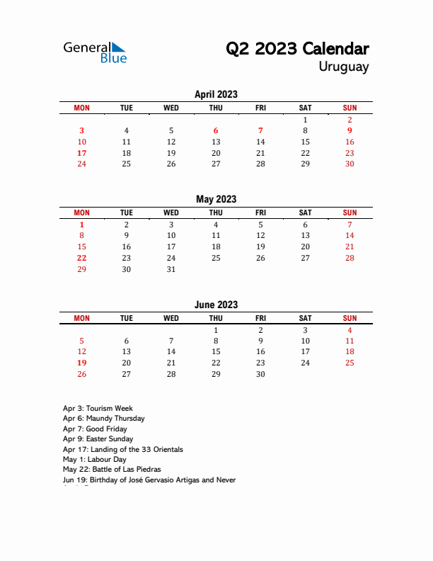 2023 Q2 Calendar with Holidays List for Uruguay