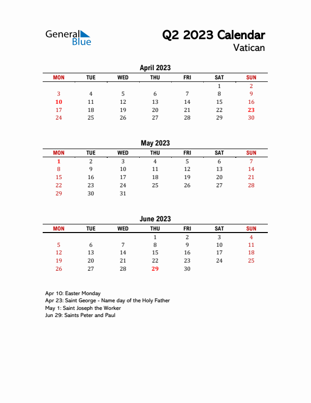 2023 Q2 Calendar with Holidays List for Vatican