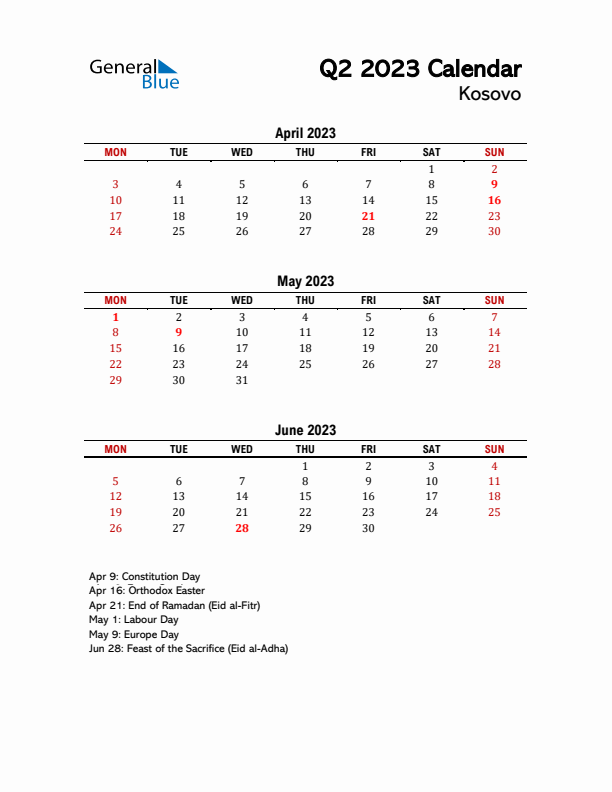 2023 Q2 Calendar with Holidays List for Kosovo