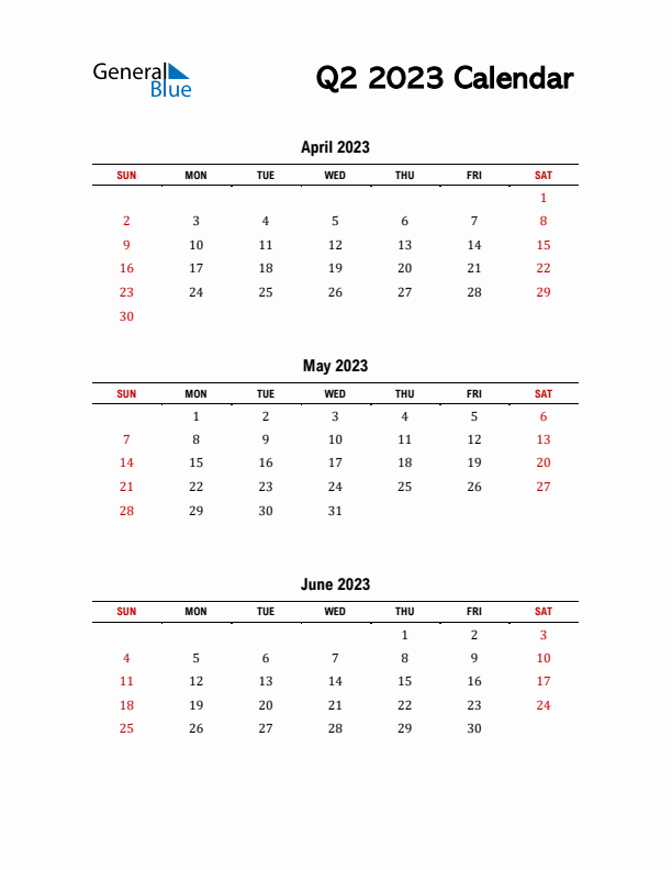 2023 Q2 Calendar with Red Weekend