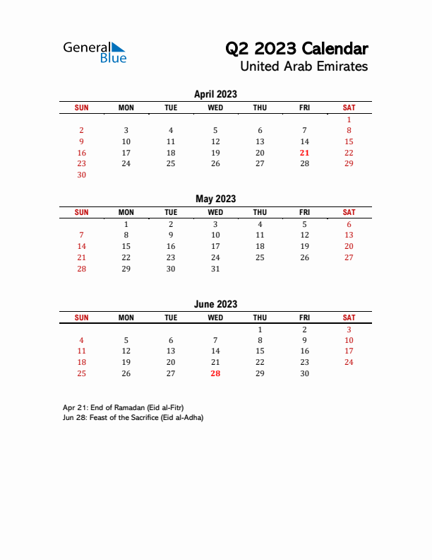 2023 Q2 Calendar with Holidays List for United Arab Emirates