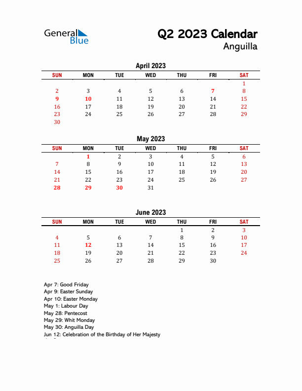 2023 Q2 Calendar with Holidays List for Anguilla