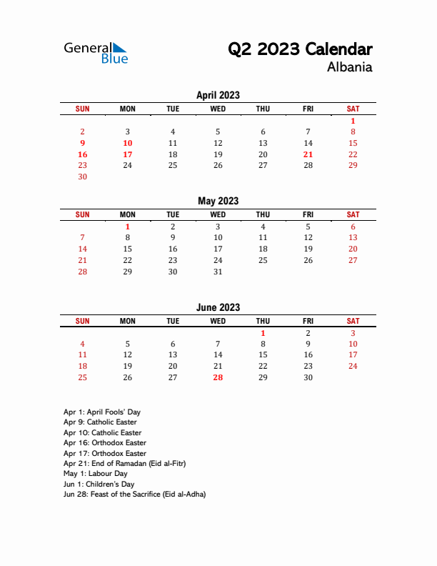 2023 Q2 Calendar with Holidays List for Albania