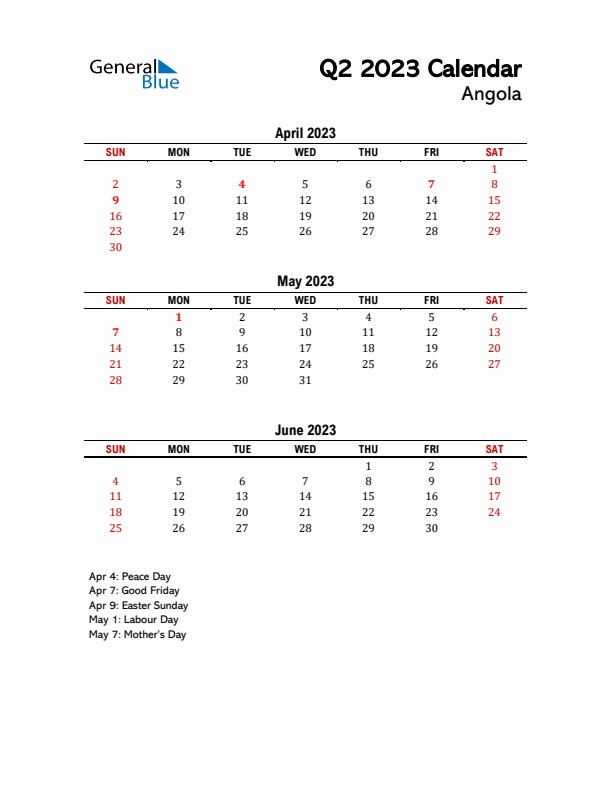 2023 Q2 Calendar with Holidays List for Angola