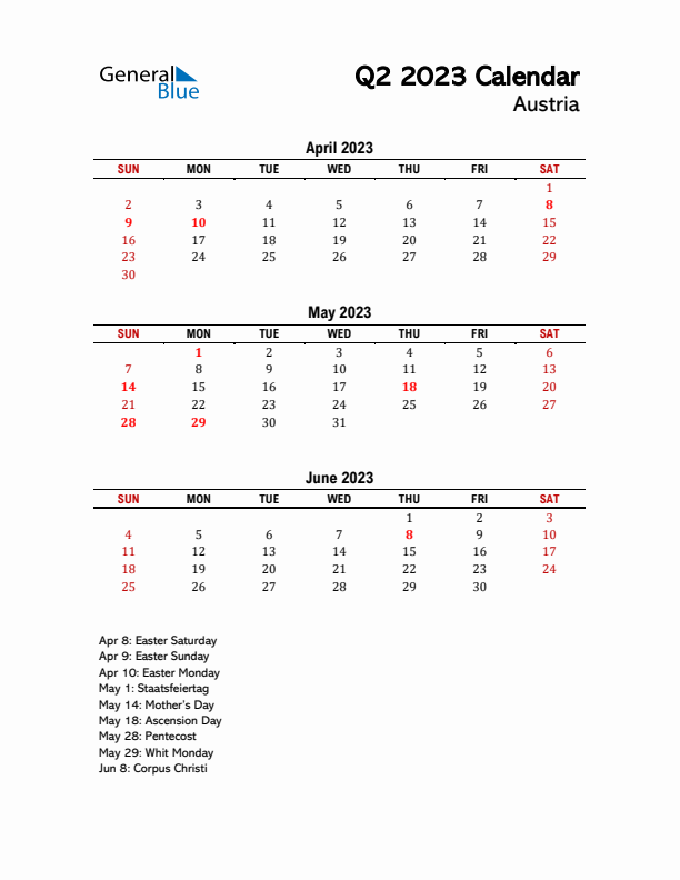 2023 Q2 Calendar with Holidays List for Austria