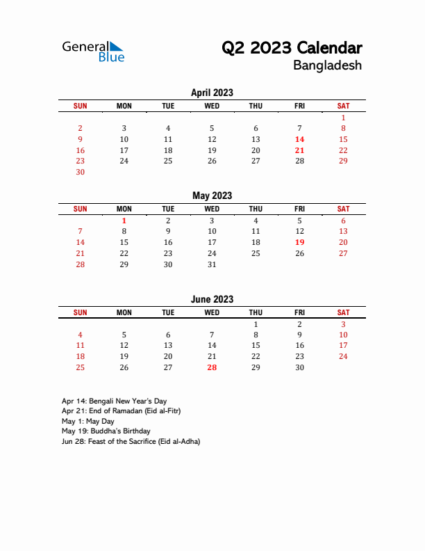 2023 Q2 Calendar with Holidays List for Bangladesh