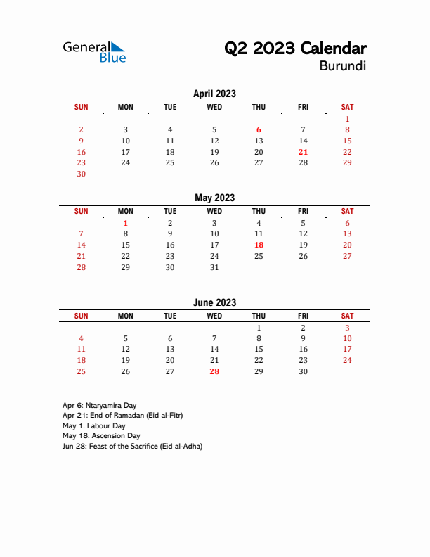 2023 Q2 Calendar with Holidays List for Burundi