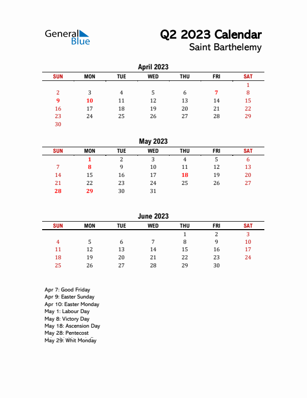 2023 Q2 Calendar with Holidays List for Saint Barthelemy