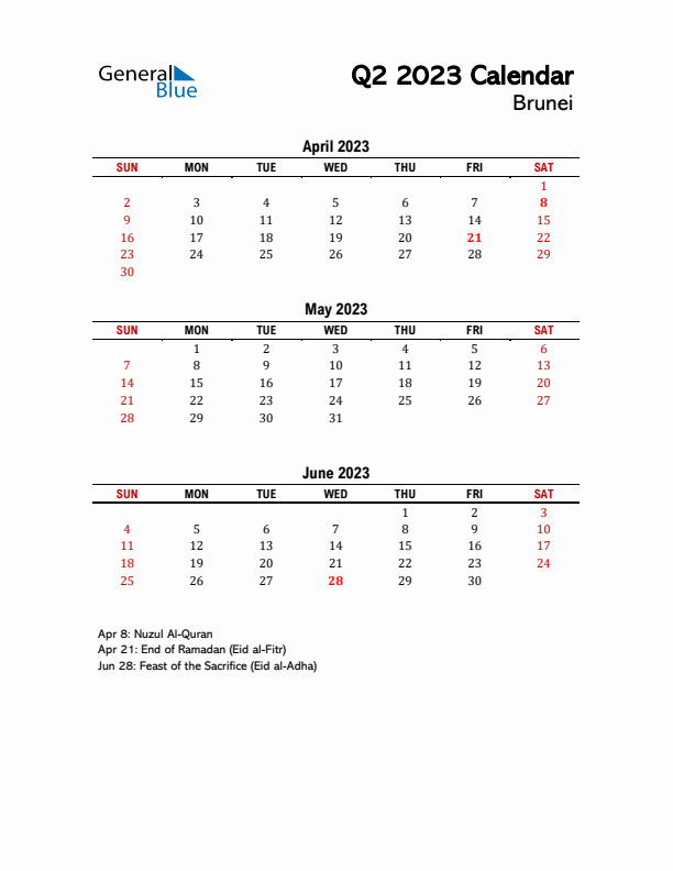 2023 Q2 Calendar with Holidays List for Brunei