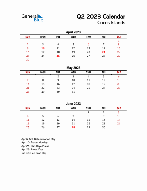 2023 Q2 Calendar with Holidays List for Cocos Islands