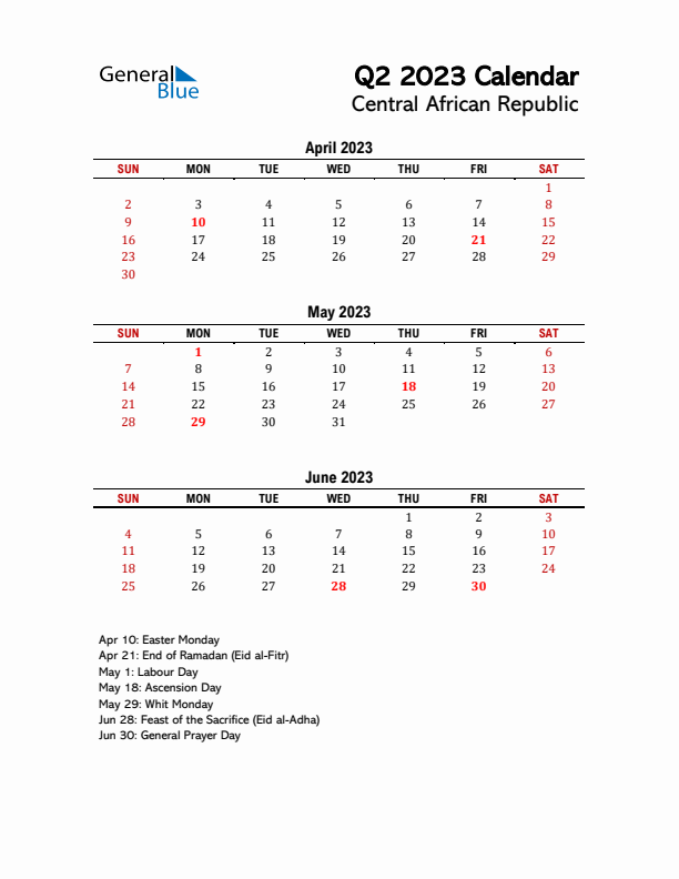 2023 Q2 Calendar with Holidays List for Central African Republic