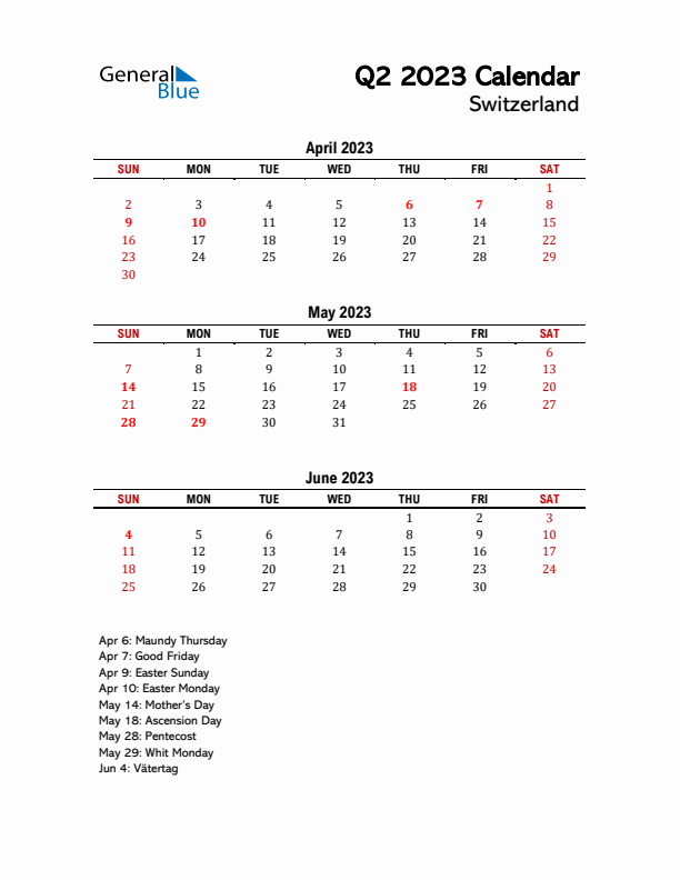 2023 Q2 Calendar with Holidays List for Switzerland