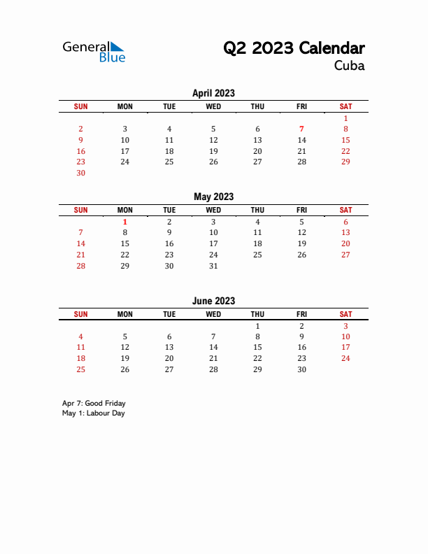 2023 Q2 Calendar with Holidays List for Cuba