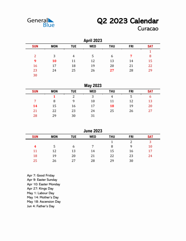 2023 Q2 Calendar with Holidays List for Curacao