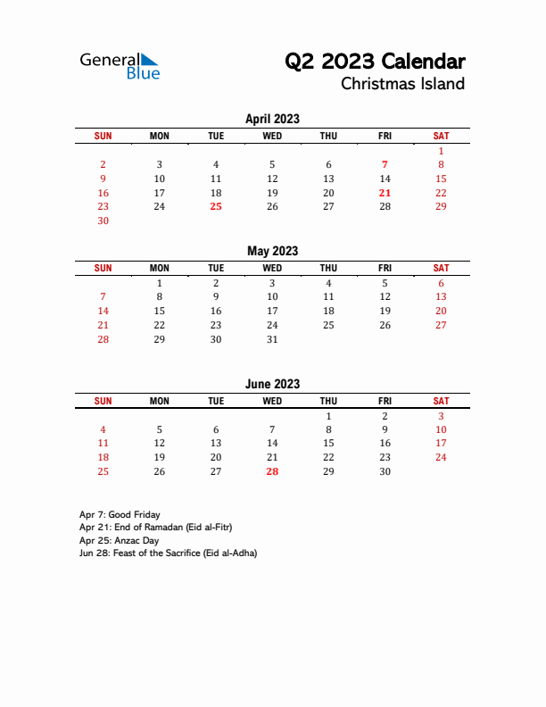 2023 Q2 Calendar with Holidays List for Christmas Island