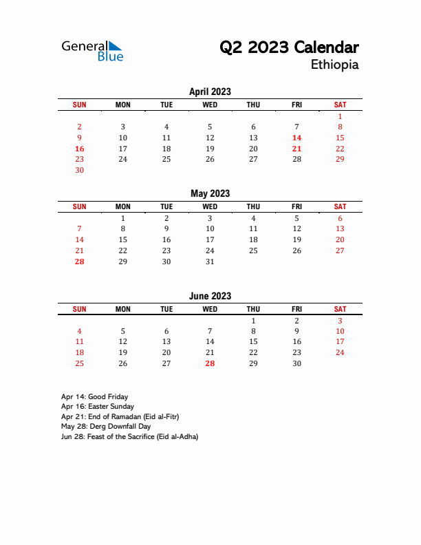 2023 Q2 Calendar with Holidays List for Ethiopia