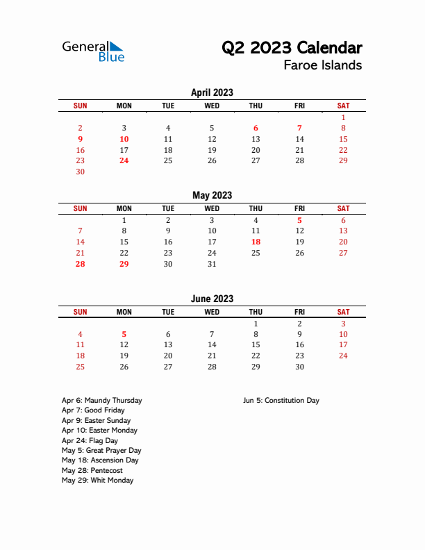 2023 Q2 Calendar with Holidays List for Faroe Islands