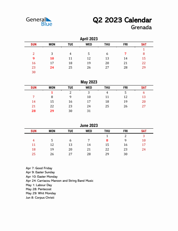 2023 Q2 Calendar with Holidays List for Grenada