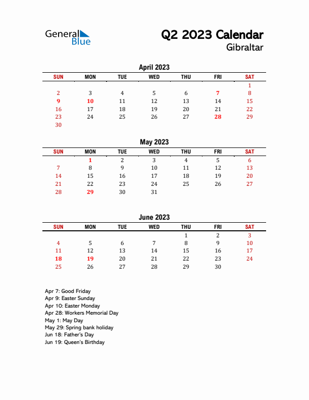 2023 Q2 Calendar with Holidays List for Gibraltar