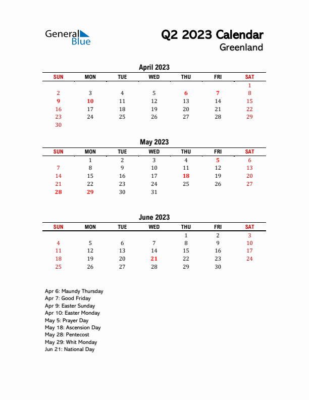 2023 Q2 Calendar with Holidays List for Greenland