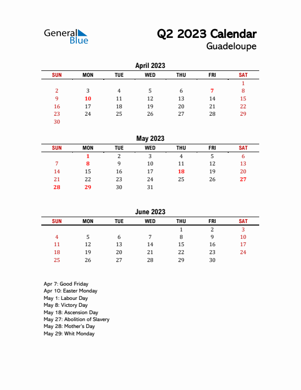 2023 Q2 Calendar with Holidays List for Guadeloupe