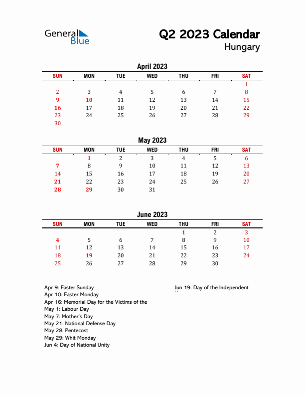 2023 Q2 Calendar with Holidays List for Hungary