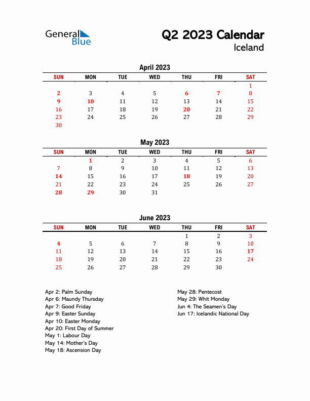 2023 Q2 Calendar with Holidays List for Iceland