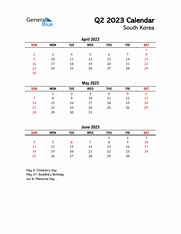 2023 Q2 Calendar with Holidays List for South Korea