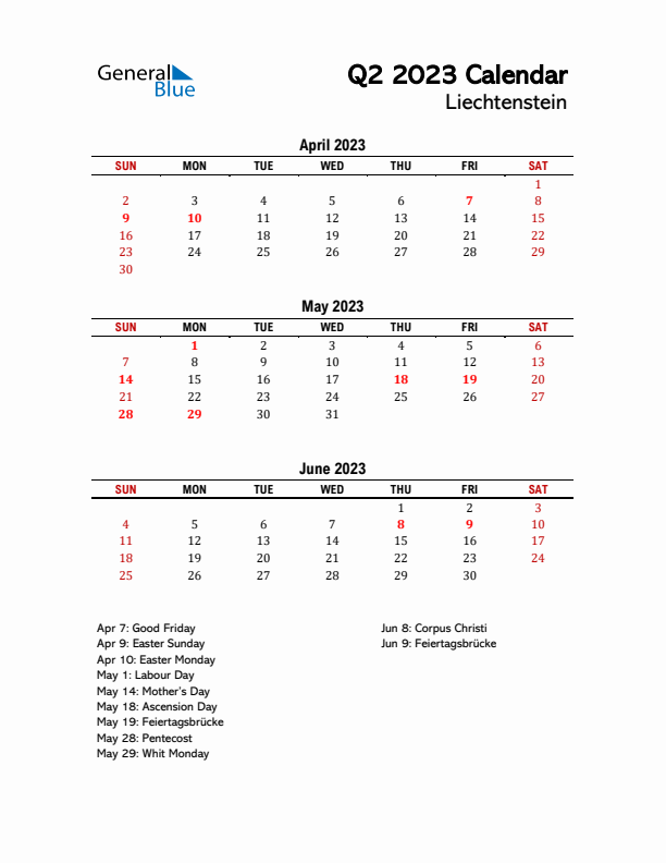 2023 Q2 Calendar with Holidays List for Liechtenstein