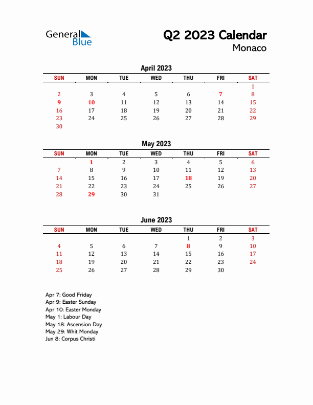 2023 Q2 Calendar with Holidays List for Monaco